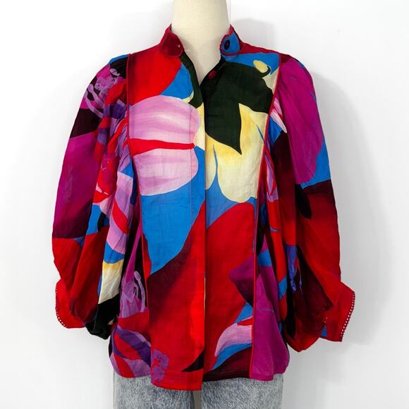 Farm Rio Watercolor Floral 3/4 Balloon Sleeve  Blouse Button-Down Top S - Picture 2 of 10